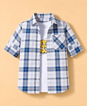 Pine Kids Cotton Woven Checks Twofer Shirt with Full Sleeves - Blue