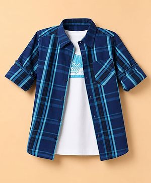 Pine Kids Cotton Woven Checks Twofer Shirt with Half Sleeves -  Blue