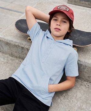 Pine Kids Cotton Woven Half Sleeves Solid Colour Hooded Shirt with Kangaroo Pockets - Light Blue