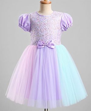 Pine Kids Cotton Woven Half Sleeves Floral Embroidered Party Dress With Bow Applique - Lilac