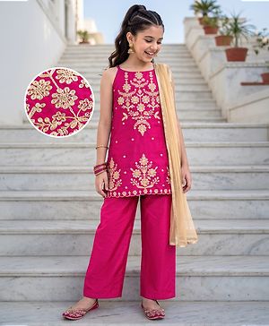 Pine Kids Woven Sleeveless Embellished Kurta & Churidar Se With Dupatta - Violet