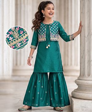 Pine Kids Viscose Woven Three Fourth Sleeves Kurta, Sharara & Dupatta Set With Floral Embroidery - Green