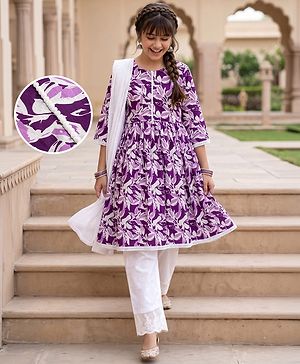 Pine Kids Cotton Woven Three-Fourth Floral Printed Kurti & Churidar Set With Dupatta - Purple