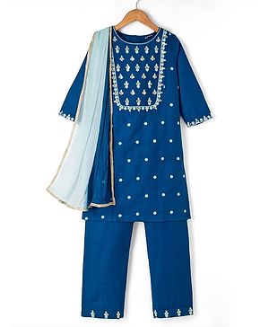 Pine Kids Woven Three Fourth Sleeves Kurti Churidar & Dupatta Set with Floral Embroidery & Sequin Detailing - Teal Blue