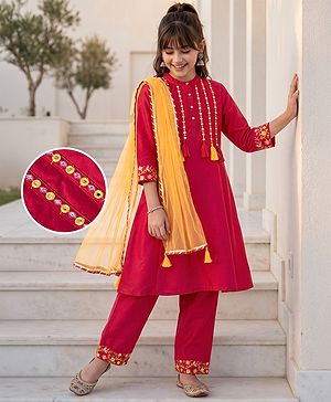 Pine Kids Woven 3/4th Sleeves Kurti and Churidar Set with Dupatta and Floral Embroidery in Red for 4-5 Years