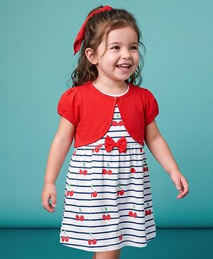 Babyhug Single Jersey Knit Half Sleeves Cherry Printed Frock with Shrug & Bow Applique  - White