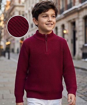 Pine Kids Knit Full Sleeves Solid Pullover Sweater - Wine