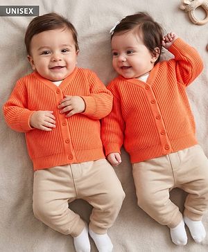 Babyhug Knit Full Sleeves Solid Colour Front Open Sweater - Orange