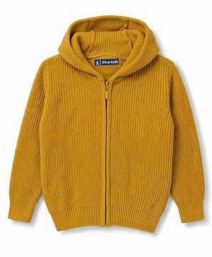 Pine Kids Knit Full Sleeves Front Open Hooded Sweater - Mustard