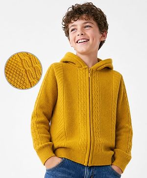 Pine Kids Cable Knit Front Open Sweater with Full Sleeves in Mustard