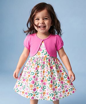 Babyhug Cotton Single Jersey Knit Half Sleeves Floral Printed Frock with Shrug - White