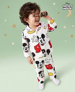 Babyhug Disney 100% Cotton Knit Full Sleeves Co-Ords Shirt & Pyjama Night Suit With Mickey Mouse Graphic - White