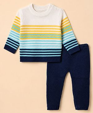 Babyhug Knit Full Sleeves Sweater and Pant Set with Stripes - Blue