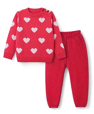 Babyhug Knit Full Sleeves Sweater Set With Heart Design  - Red