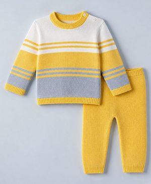 Babyhug Knit Full Sleeves Sweater and Pant Set with Stripes - Blue, Yellow