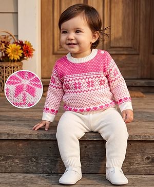 Babyhug Knit Full Sleeves Sweater Set With Floral Design - Pink