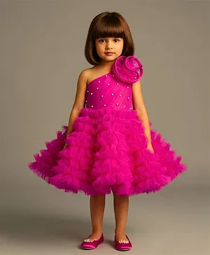 PinkCow Net Woven Sleeveless Pearl
                              Embellished Floral Applique & Ruffle
                              Detailed Layered Dress - Pink