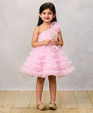 PinkCow Net Woven Sleeveless Pearl
                              Embellished Floral Applique & Ruffle
                              Detailed Layered Dress - Baby Pink