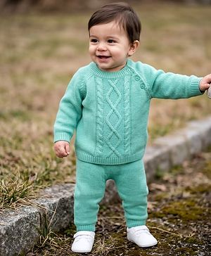Babyhug Knit Full Raglan Sleeves Sweater & Pant Set with Cable Knit - Blue