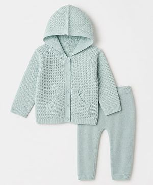 Babyhug Knit Full Sleeves Hooded Sweater & Pant Set with Cable Knit - Aqua Blue
