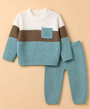 Babyhug Knit Full Sleeves Sweater & Pant Set with Color Block - Blue