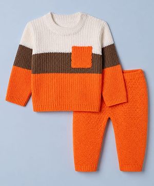 Babyhug Knit Full Sleeves Hooded Sweater & Pant Set with Cable Knit - Orange