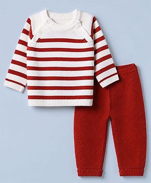 Babyhug Knit Full Raglan Sleeves Striped Sweater & Pant Set - Dark Red, White