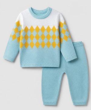 Babyhug Knit Full Sleeves Sweater & Pant Set with Argyle Embroidery - Blue