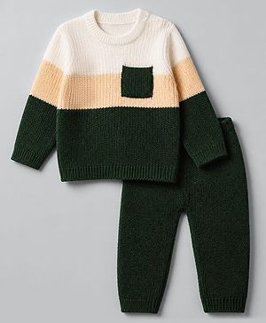 Babyhug Knit Full Sleeves Sweater & Pant Set with Color Block - Green