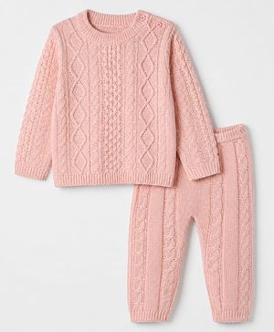 Babyhug Knit Full Sleeves Sweater and Pant Set with Cable Knit Design - Peach