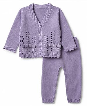 Babyhug Knit Full Sleeves Sweater and Pant Set with Cable Knit Design & Bow Applique - Lavender