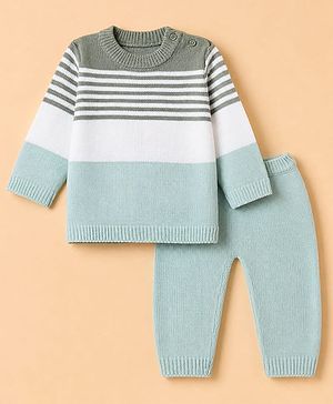 Babyhug Knit Full Sleeves Sweater and Pant Set with Stripes & Color Block - Light Blue