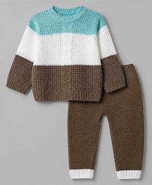 Babyhug Knit Full Sleeves Sweater and Pant Set with Cable Knit Design & Color Block - Beige &, Blue