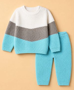 Babyhug Knit Full Sleeves Sweater and Pant Set with Color Block - Blue