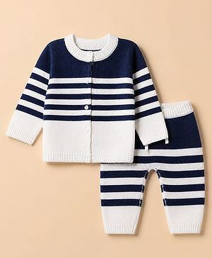 Babyhug Knit Full Sleeves Front Open Sweater and Pant Set with Stripes - White, Navy Blue