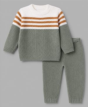 Babyhug Knit Full Sleeves Sweater and Pant Set with Stripes - Mustard, Green