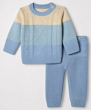 Babyhug Knit Full Sleeves Sweater and Pant Set with Color Block & Cable Knit - Blue