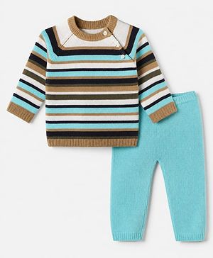 Babyhug Knit Full Sleeves Sweater and Pant Set with Stripes - Blue