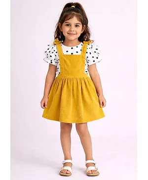Piccolo Corduroy Knit  Half Ruffle Sleeves Textured Pinafore Dress With Polka Dots Printed Top - Mustard