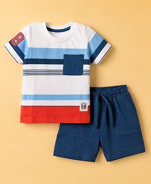 Babyhug 100% Cotton Single Jersey Knit Half Sleeves T-Shirt and Shorts with Stripes and 68 Text Print - White