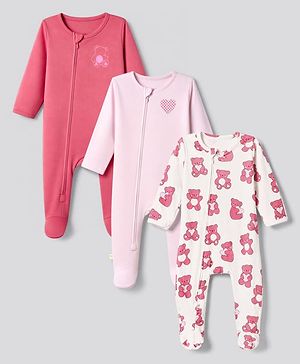 Bonfino 100% Cotton Knit Full Sleeves Sleep Suit with Heart & Bear Print Pack of 3 - Pink , Dark Pink & White