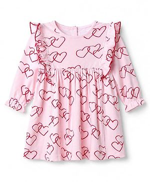 Bonfino Cotton Knit Fit and Flare Frock Dress with Full Sleeves and Hearts Print in Light Pink