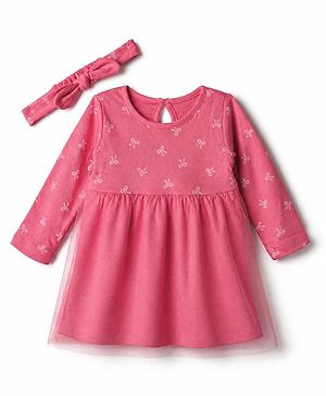 Bonfino 100% Cotton Knit Fit and Flare Frock and Headband with Full Sleeves and Bow Print in Pink