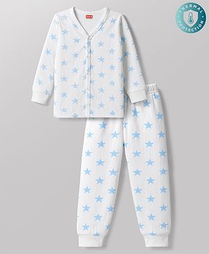 Babyhug Knit Full Sleeves Front Open Thermal Inner Wear Set with Star Print - White