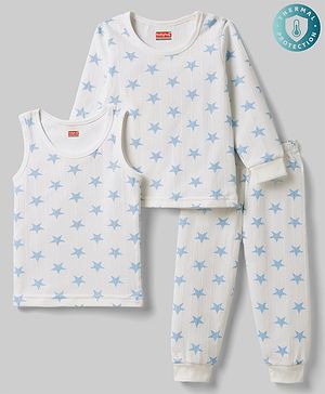 Babyhug Knit Full Sleeves Star Printed Thermal Wear Set with Vest - Off White