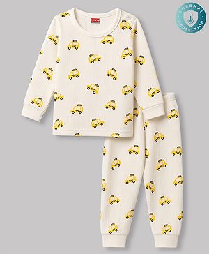 Babyhug Knit Full Sleeves Car Printed Thermal Wear Set - Off Whte