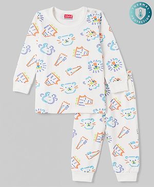Babyhug Knit Full Sleeves Animal Printed Thermal Wear Set - OffWhite