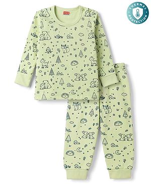 Babyhug Knit Full Sleeves Animal Printed Thermal Wear Set - Light Green