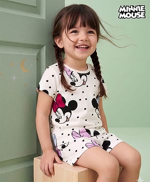 Babyhug Disney 100% Cotton Knit Half Sleeves Co-Ords T-Shirt & Shorts Night Suit With Minnie Mouse Graphic - White