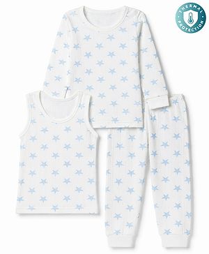 Babyhug Knit Full Sleeves Star Printed Pullover Vest & Leggings Thermal Inner Wear Set - OffWhite